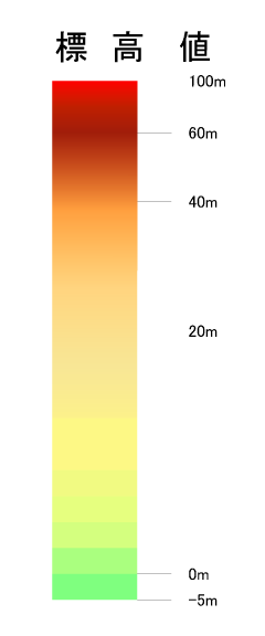 Original GSI elevation legend: green lower ground through yellow and orange to red higher ground, with labels from minus 5 to 100 metres above sea level.