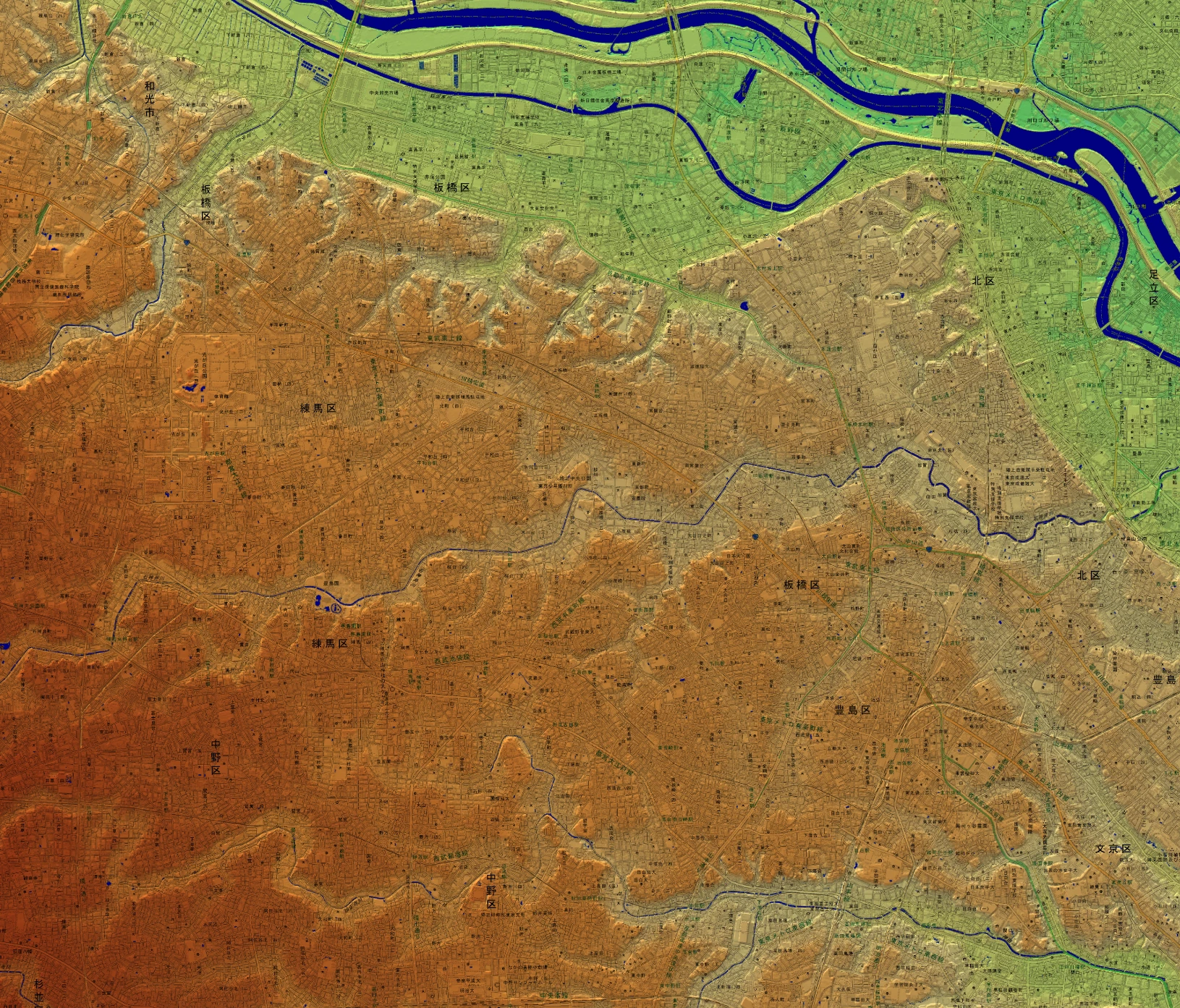 GSI digital elevation map of Itabashi and its surroundings, showing the Arakawa lowlands to the north and the plateau cut by valleys to the south.